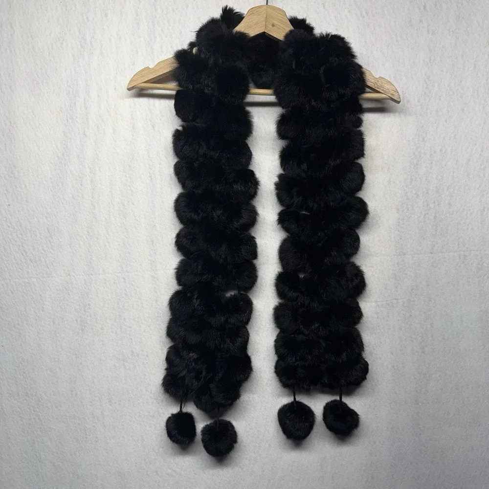 Genuine Rabbit Fur Pom Pom Scarf Black Natural Elegant Quiet Luxury Boho Ski